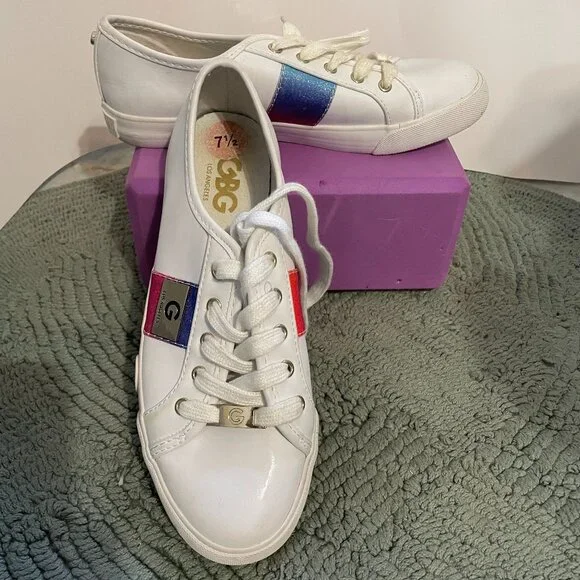 G by Guess Women White Lace Up Glitter on Stripe Sneakers Casual Shoes Size 7.5 - Picture 2 of 12